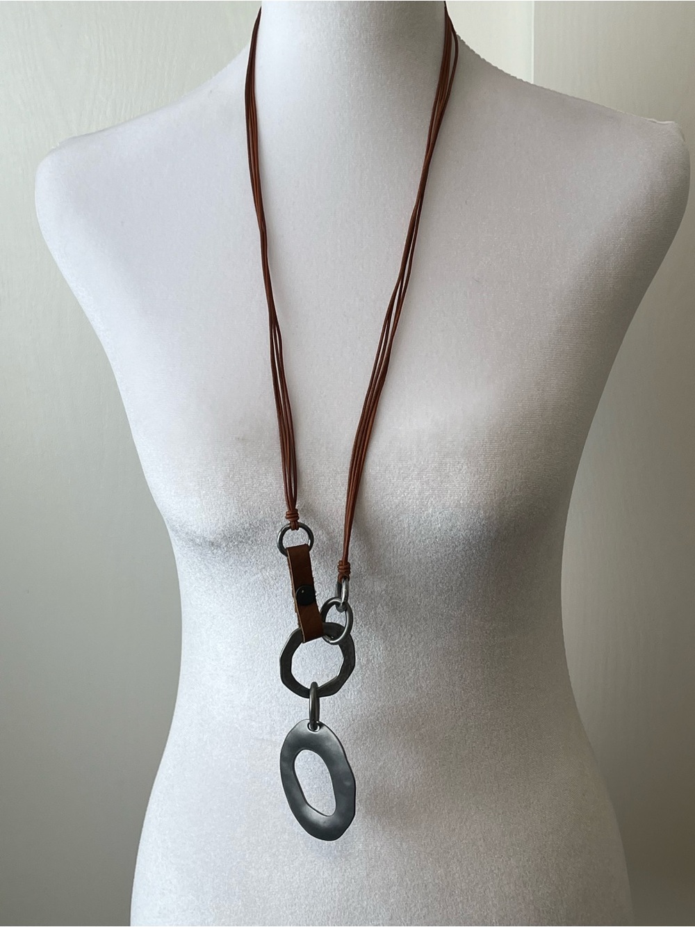 SWEET LOLA Circle Silver Pendant Necklace 42” Leather Brown  Cord